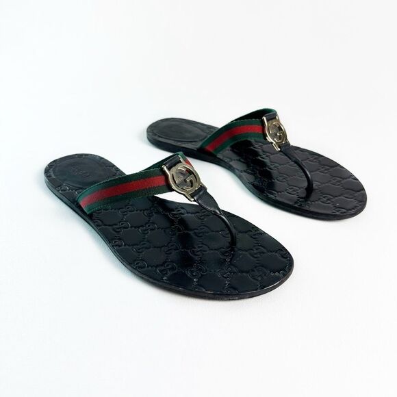 GUCCI Black Web Stripe GG Sandal 40.5 Flat Flip Flop Leather Guccissima Embossed - Picture 2 of 12